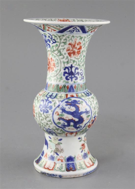 A Chinese wucai Zun-shape vase, Wanli mark, late 19th / early 20th century, height 23cm, wear to glaze